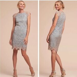 BHLDN Mignon Doo Dress Pierre Midi Sheath Lace Overly in Blue & Metallic Shimmer